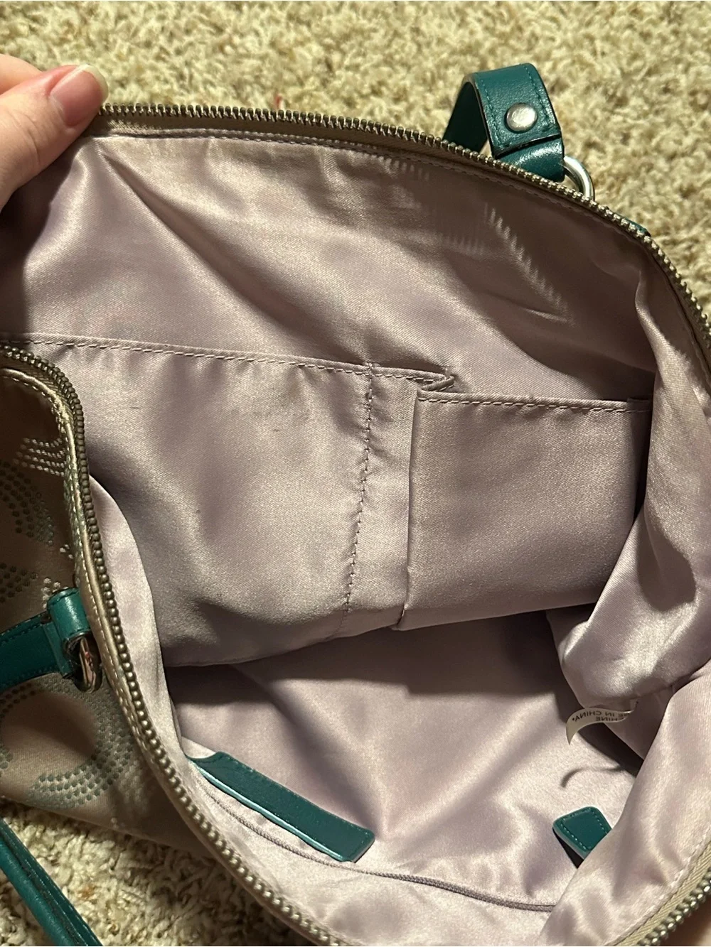 Coach Ashley Dotted Op Art Green Beige Shoulder Crossbody Bag Lilac Lining